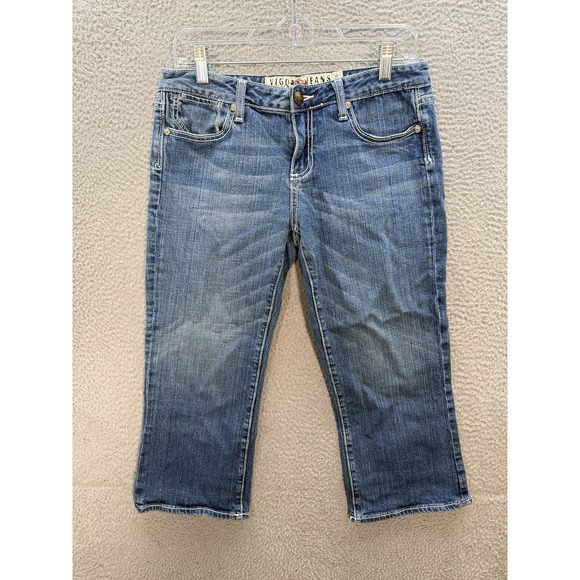 Vigoss Jeans Womens 9/10 Blue Capri Thick Stitch Distressed Rockabilly Biker - Picture 2 of 10